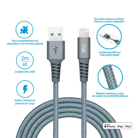 Cable USB-A a Lightning MFI 3A 2m